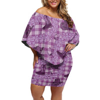 Purple Palaka Hawaii Cowboy Off Shoulder Short Dress Puakenikeni Lei Paniolo Papale Seamless Vibes LT14 Women Purple - Polynesian Pride