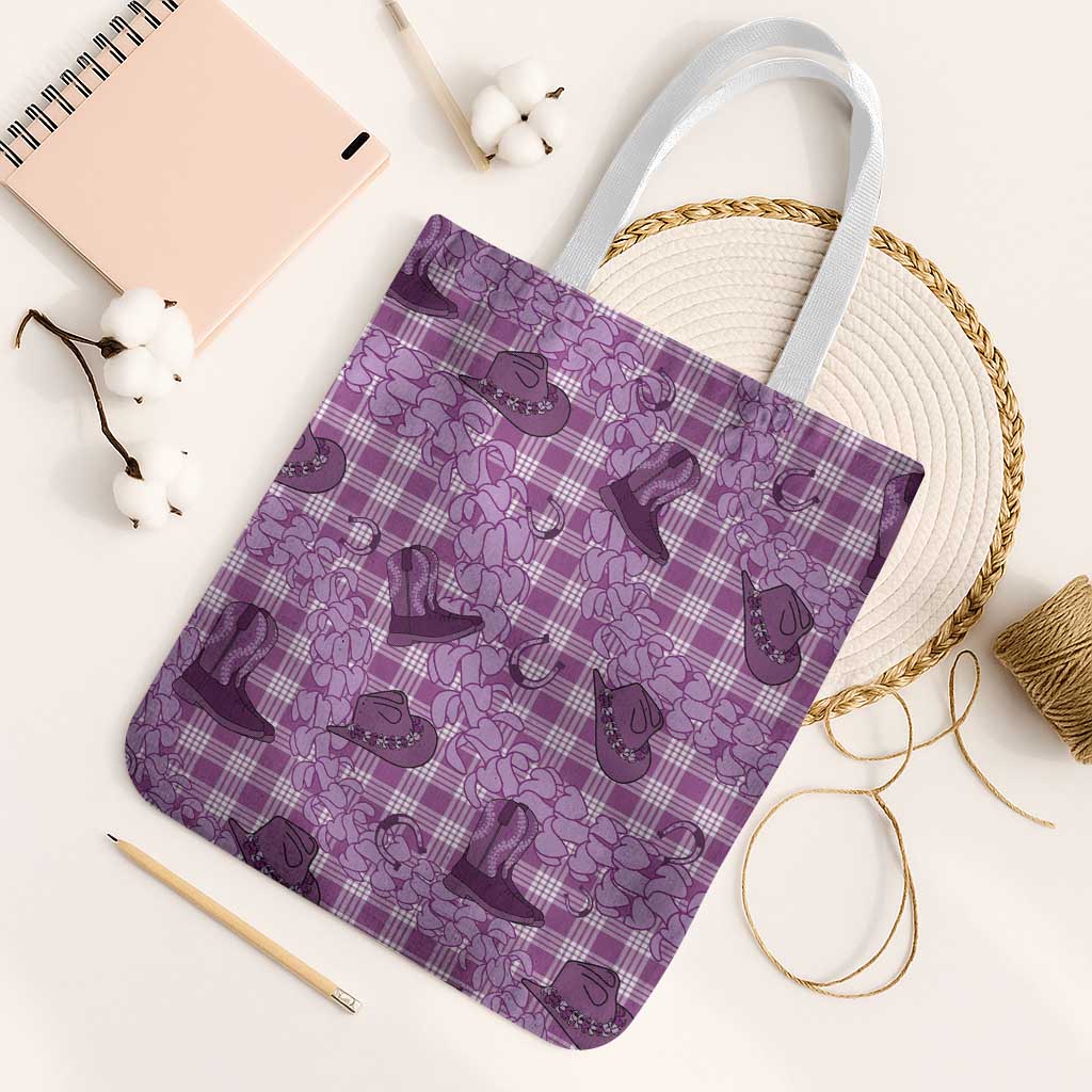 Purple Palaka Hawaii Cowboy Tote Bag Puakenikeni Lei Paniolo Papale Seamless Vibes - Polynesian Pride