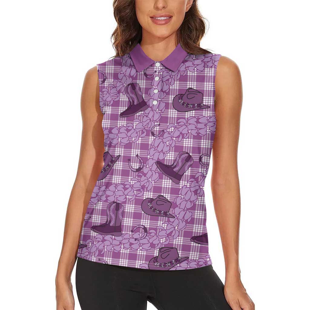 Purple Palaka Hawaii Cowboy Women Sleeveless Polo Shirt Puakenikeni Lei Paniolo Papale Seamless Vibes LT14 - Polynesian Pride