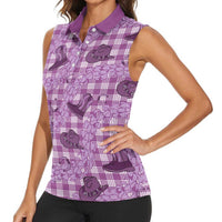 Purple Palaka Hawaii Cowboy Women Sleeveless Polo Shirt Puakenikeni Lei Paniolo Papale Seamless Vibes LT14 - Polynesian Pride