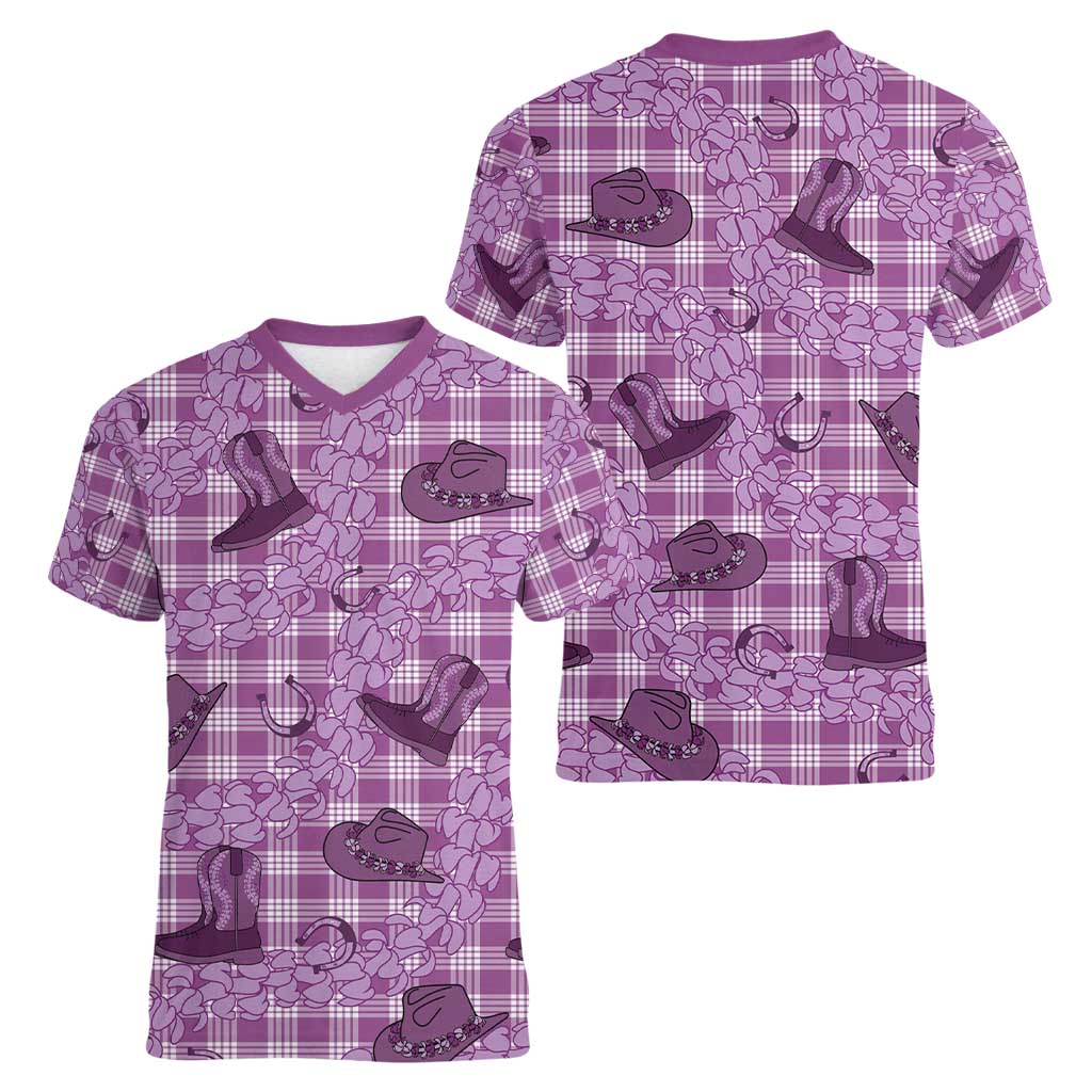 Purple Palaka Hawaii Cowboy Women V-Neck T-Shirt Puakenikeni Lei Paniolo Papale Seamless Vibes LT14 - Polynesian Pride
