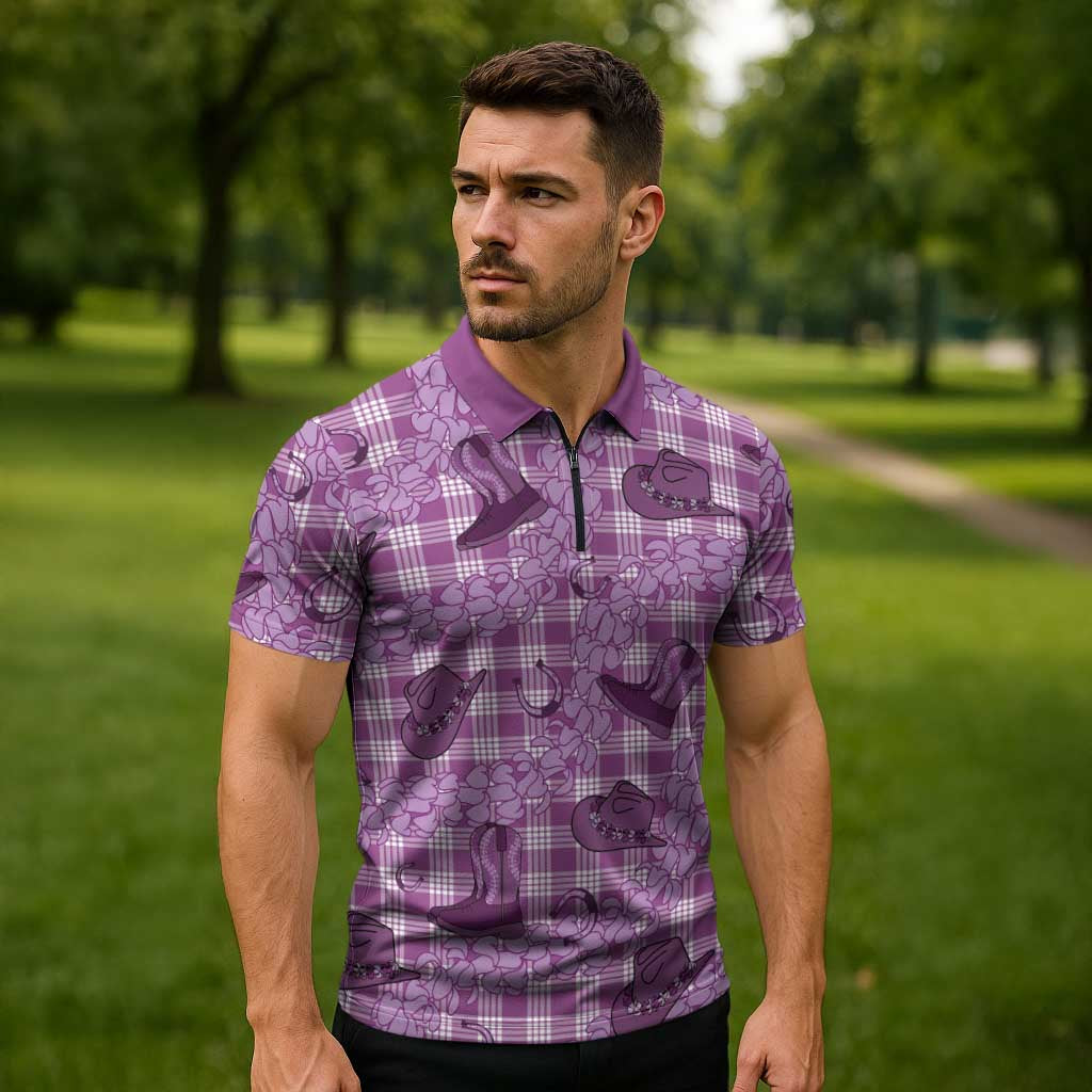 Purple Palaka Hawaii Cowboy Zipper Polo Shirt Puakenikeni Lei Paniolo Papale Seamless Vibes LT14 - Polynesian Pride