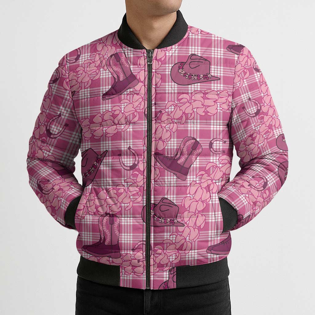 Pink Palaka Hawaii Cowboy Bomber Puffer Jacket Puakenikeni Lei Paniolo Papale Seamless Vibes - Polynesian Pride