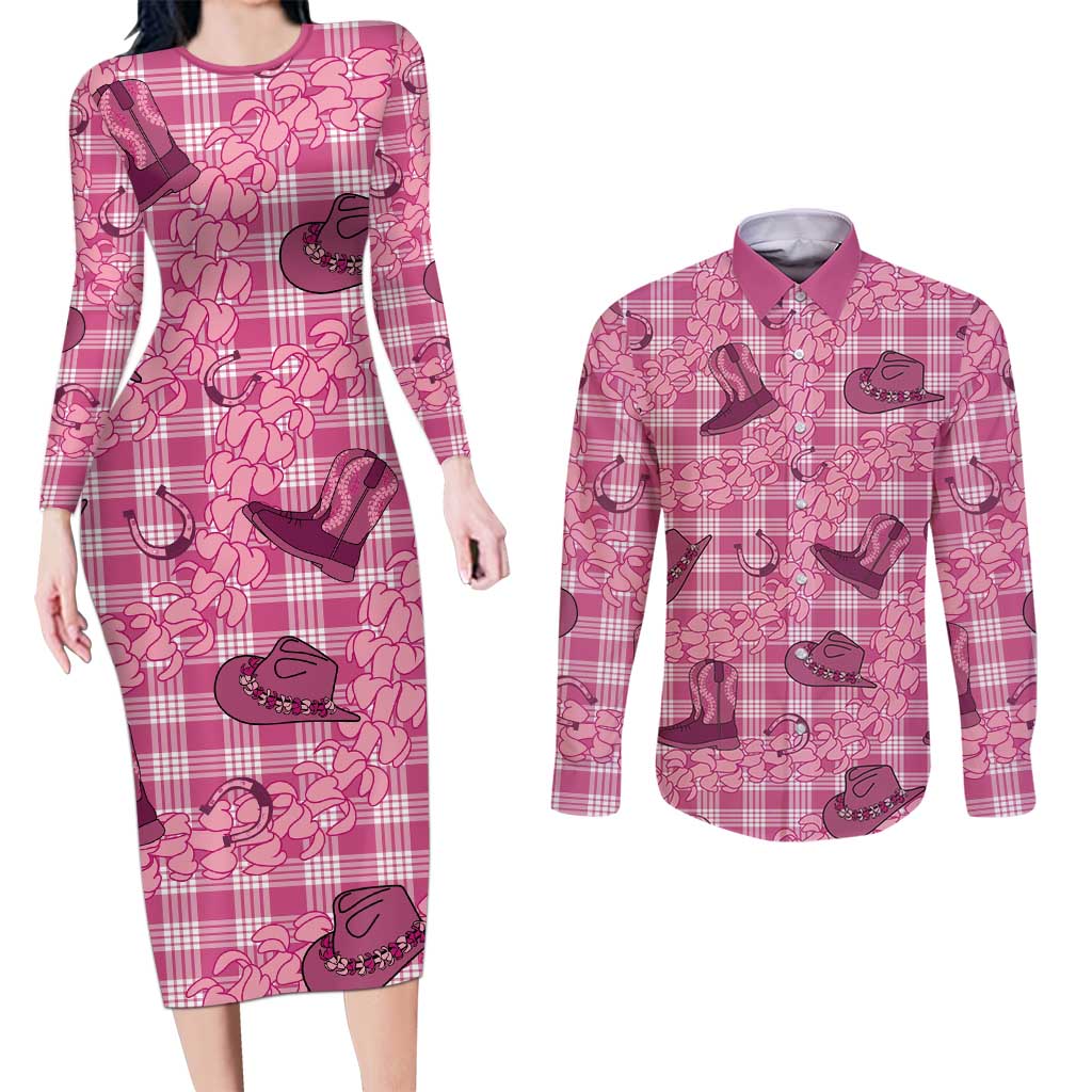 Pink Palaka Hawaii Cowboy Couples Matching Long Sleeve Bodycon Dress and Long Sleeve Button Shirt Puakenikeni Lei Paniolo Papale Seamless Vibes LT14 Pink - Polynesian Pride