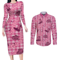 Pink Palaka Hawaii Cowboy Couples Matching Long Sleeve Bodycon Dress and Long Sleeve Button Shirt Puakenikeni Lei Paniolo Papale Seamless Vibes LT14 Pink - Polynesian Pride