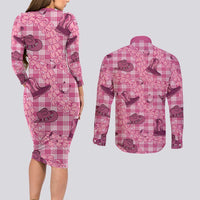Pink Palaka Hawaii Cowboy Couples Matching Long Sleeve Bodycon Dress and Long Sleeve Button Shirt Puakenikeni Lei Paniolo Papale Seamless Vibes LT14 - Polynesian Pride