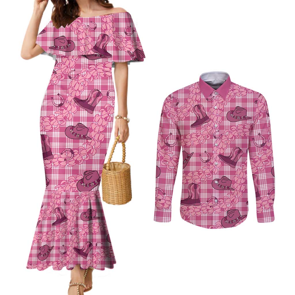 Pink Palaka Hawaii Cowboy Couples Matching Mermaid Dress and Long Sleeve Button Shirt Puakenikeni Lei Paniolo Papale Seamless Vibes LT14 Pink - Polynesian Pride