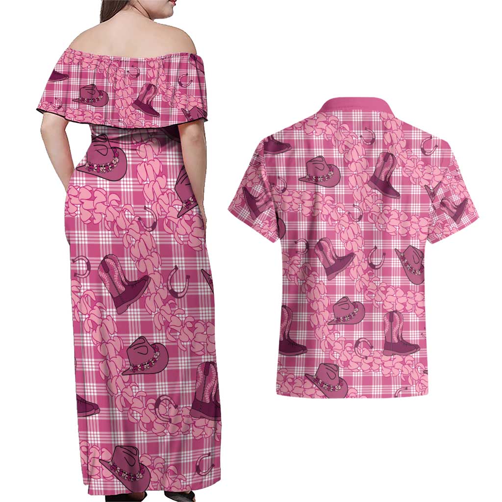 Pink Palaka Hawaii Cowboy Couples Matching Off Shoulder Maxi Dress and Hawaiian Shirt Puakenikeni Lei Paniolo Papale Seamless Vibes LT14 - Polynesian Pride