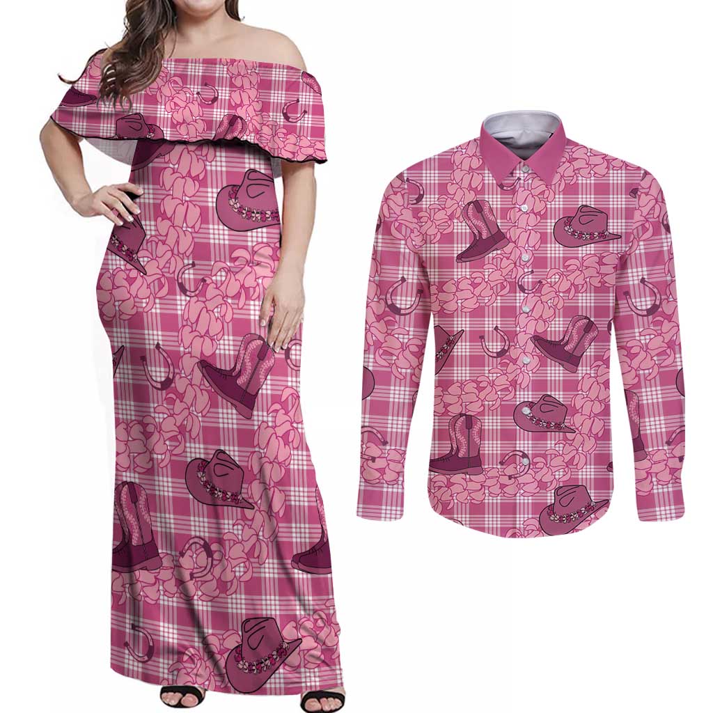 Pink Palaka Hawaii Cowboy Couples Matching Off Shoulder Maxi Dress and Long Sleeve Button Shirt Puakenikeni Lei Paniolo Papale Seamless Vibes LT14 Pink - Polynesian Pride