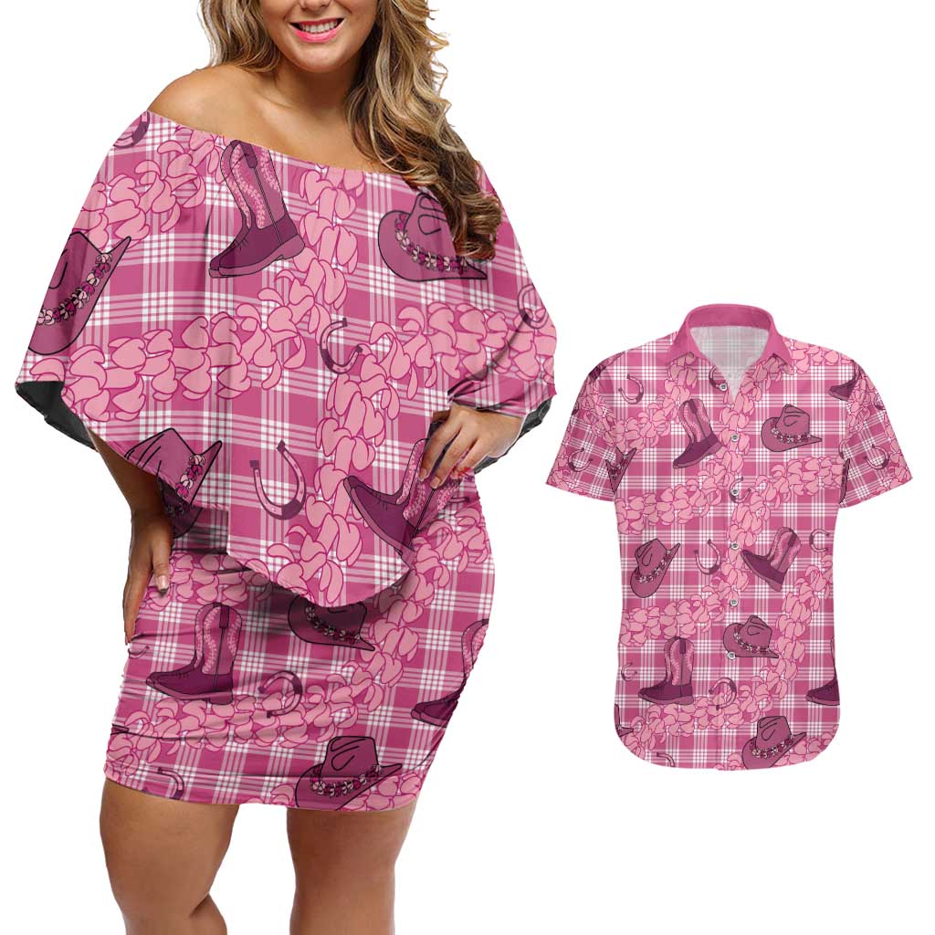 Pink Palaka Hawaii Cowboy Couples Matching Off Shoulder Short Dress and Hawaiian Shirt Puakenikeni Lei Paniolo Papale Seamless Vibes LT14 Pink - Polynesian Pride