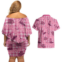 Pink Palaka Hawaii Cowboy Couples Matching Off Shoulder Short Dress and Hawaiian Shirt Puakenikeni Lei Paniolo Papale Seamless Vibes LT14 - Polynesian Pride