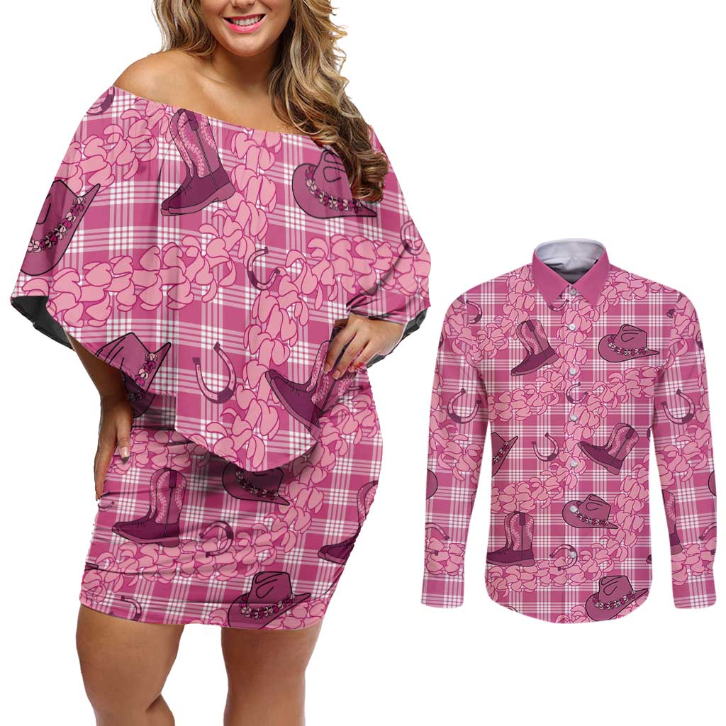 Pink Palaka Hawaii Cowboy Couples Matching Off Shoulder Short Dress and Long Sleeve Button Shirt Puakenikeni Lei Paniolo Papale Seamless Vibes LT14 Pink - Polynesian Pride