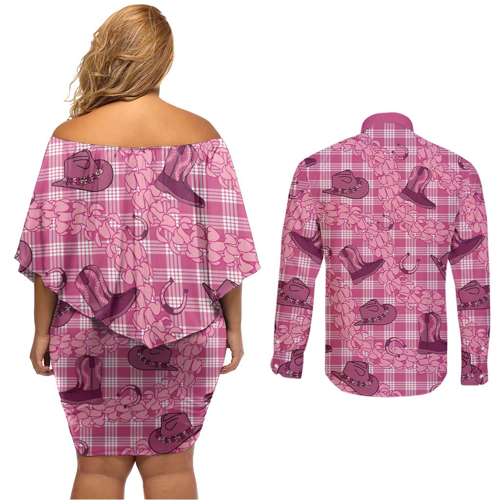 Pink Palaka Hawaii Cowboy Couples Matching Off Shoulder Short Dress and Long Sleeve Button Shirt Puakenikeni Lei Paniolo Papale Seamless Vibes LT14 - Polynesian Pride