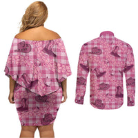 Pink Palaka Hawaii Cowboy Couples Matching Off Shoulder Short Dress and Long Sleeve Button Shirt Puakenikeni Lei Paniolo Papale Seamless Vibes LT14 - Polynesian Pride