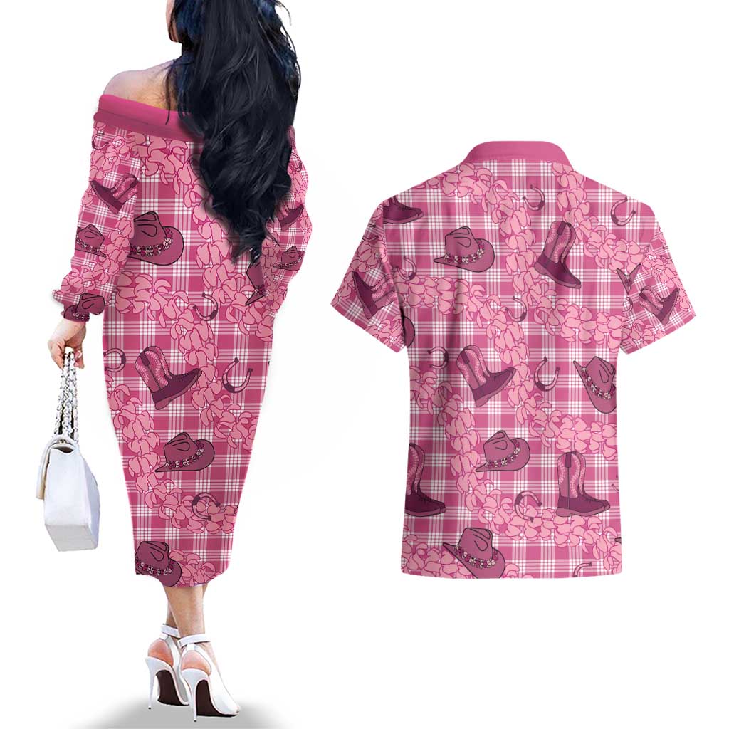 Pink Palaka Hawaii Cowboy Couples Matching Off The Shoulder Long Sleeve Dress and Hawaiian Shirt Puakenikeni Lei Paniolo Papale Seamless Vibes LT14 - Polynesian Pride