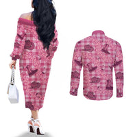 Pink Palaka Hawaii Cowboy Couples Matching Off The Shoulder Long Sleeve Dress and Long Sleeve Button Shirt Puakenikeni Lei Paniolo Papale Seamless Vibes LT14 - Polynesian Pride