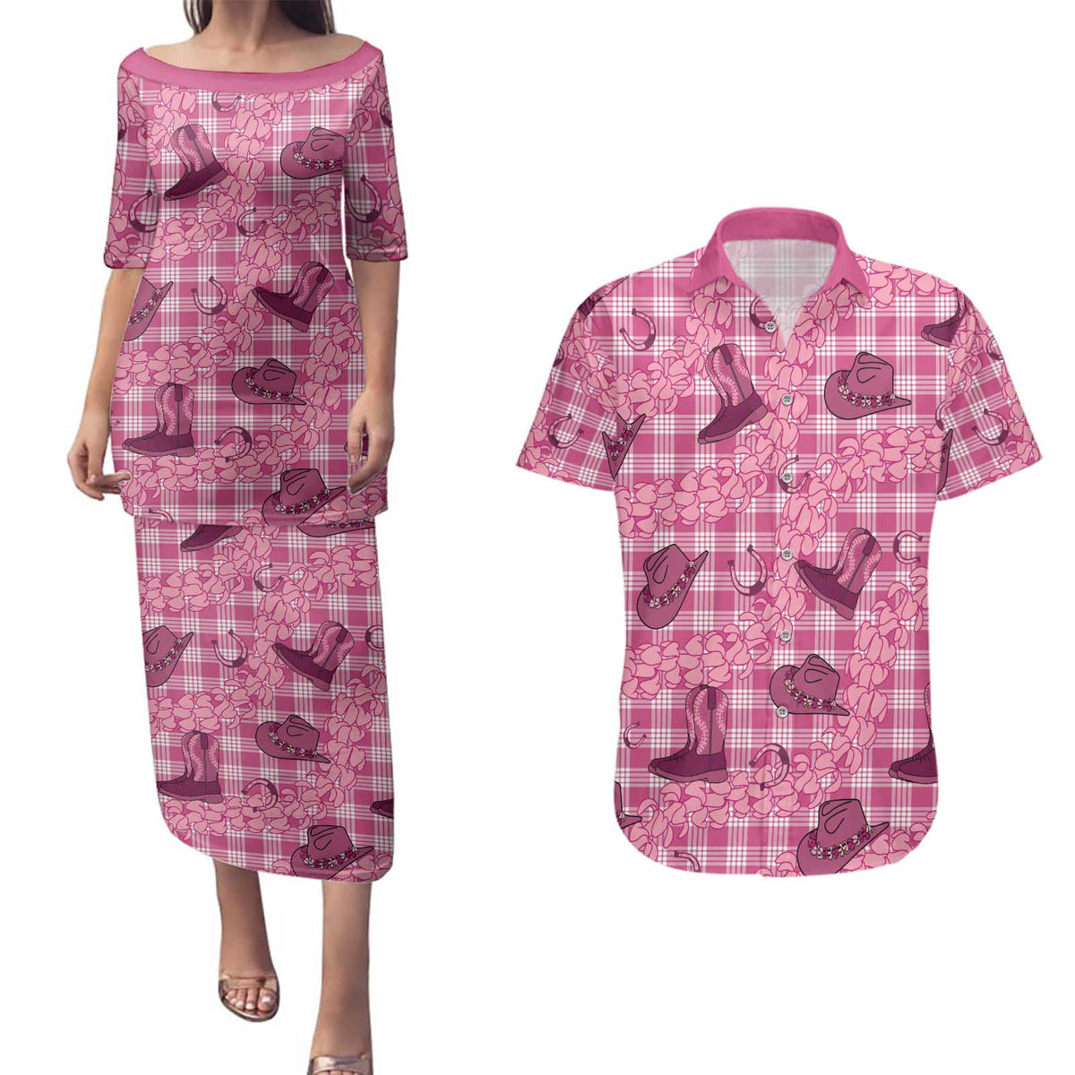 Pink Palaka Hawaii Cowboy Couples Matching Puletasi and Hawaiian Shirt Puakenikeni Lei Paniolo Papale Seamless Vibes LT14 Pink - Polynesian Pride