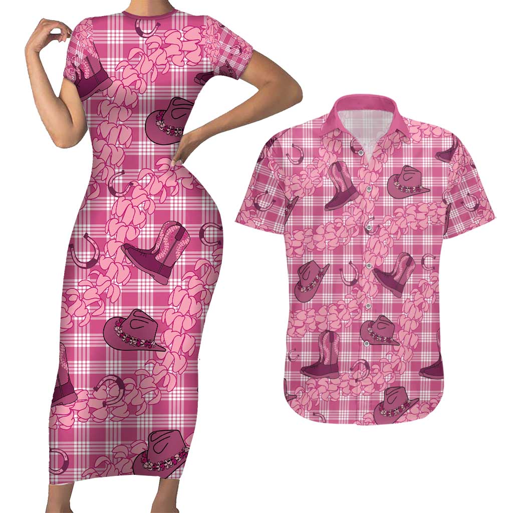 Pink Palaka Hawaii Cowboy Couples Matching Short Sleeve Bodycon Dress and Hawaiian Shirt Puakenikeni Lei Paniolo Papale Seamless Vibes LT14 Pink - Polynesian Pride