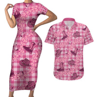 Pink Palaka Hawaii Cowboy Couples Matching Short Sleeve Bodycon Dress and Hawaiian Shirt Puakenikeni Lei Paniolo Papale Seamless Vibes LT14 Pink - Polynesian Pride