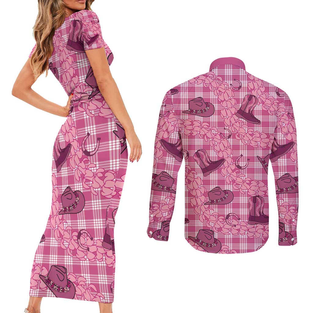 Pink Palaka Hawaii Cowboy Couples Matching Short Sleeve Bodycon Dress and Long Sleeve Button Shirt Puakenikeni Lei Paniolo Papale Seamless Vibes LT14 - Polynesian Pride