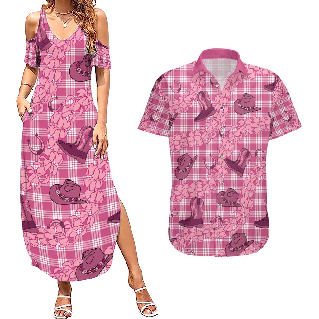 Pink Palaka Hawaii Cowboy Couples Matching Summer Maxi Dress and Hawaiian Shirt Puakenikeni Lei Paniolo Papale Seamless Vibes LT14 Pink - Polynesian Pride