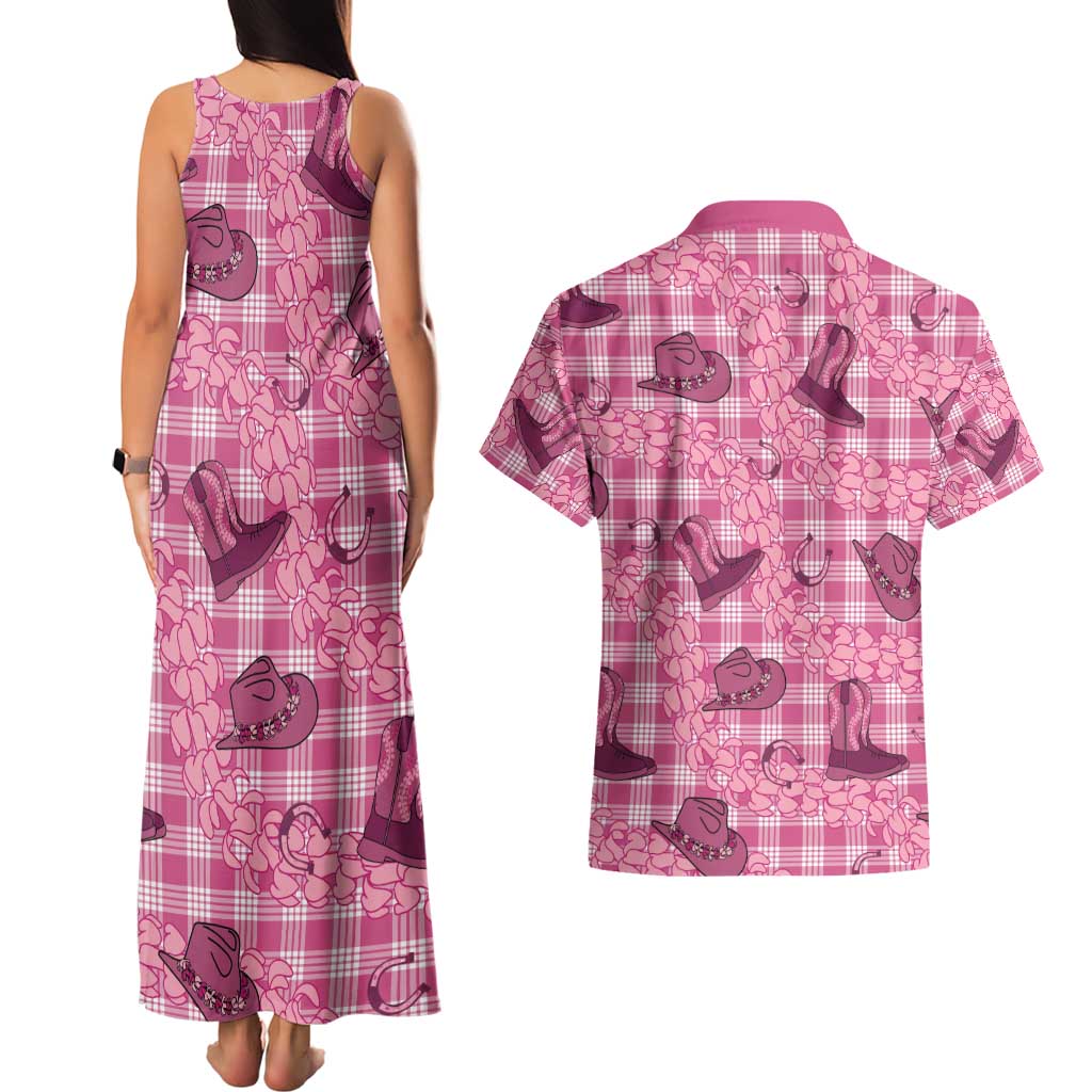 Pink Palaka Hawaii Cowboy Couples Matching Tank Maxi Dress and Hawaiian Shirt Puakenikeni Lei Paniolo Papale Seamless Vibes LT14 - Polynesian Pride