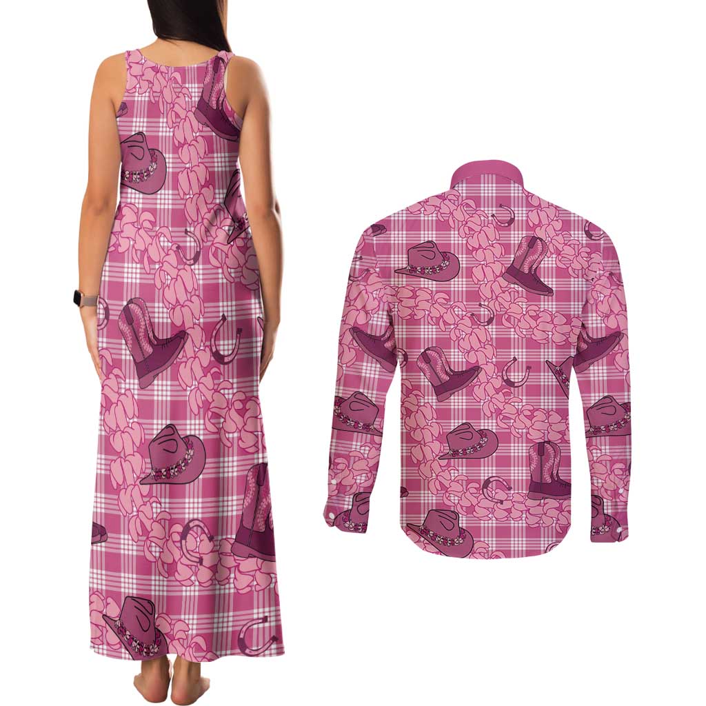 Pink Palaka Hawaii Cowboy Couples Matching Tank Maxi Dress and Long Sleeve Button Shirt Puakenikeni Lei Paniolo Papale Seamless Vibes LT14 - Polynesian Pride