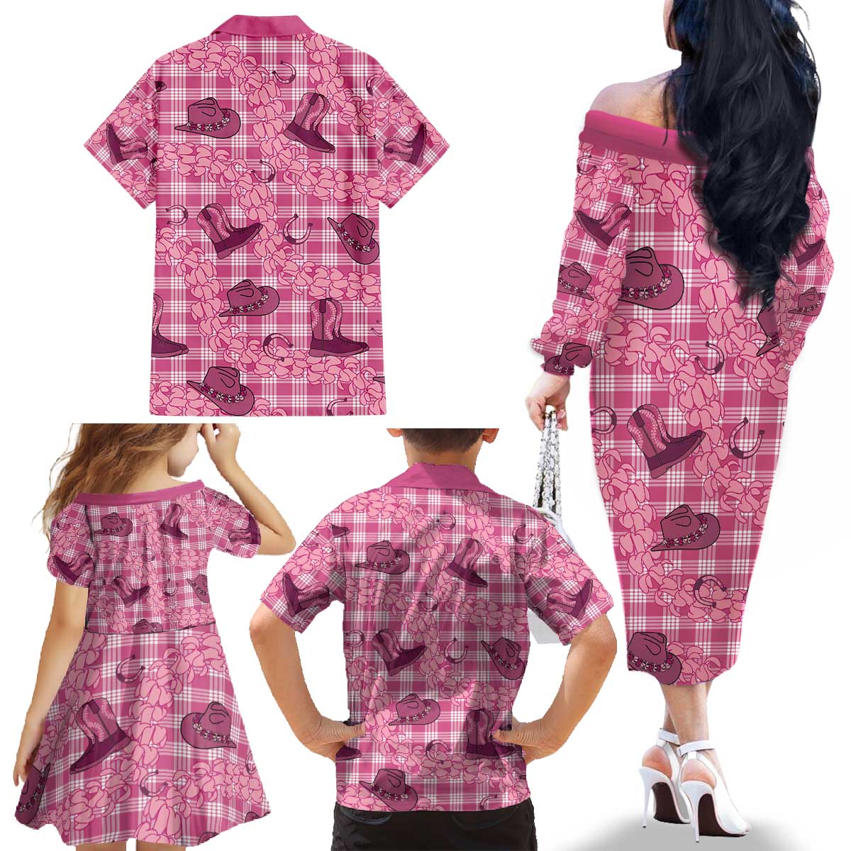 Pink Palaka Hawaii Cowboy Family Matching Off The Shoulder Long Sleeve Dress and Hawaiian Shirt Puakenikeni Lei Paniolo Papale Seamless Vibes LT14 - Polynesian Pride