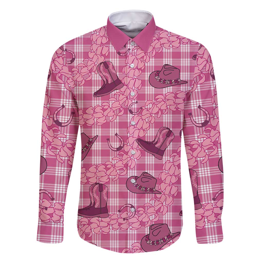 Pink Palaka Hawaii Cowboy Family Matching Off Shoulder Maxi Dress and Hawaiian Shirt Puakenikeni Lei Paniolo Papale Seamless Vibes LT14 Dad's Shirt - Long Sleeve Pink - Polynesian Pride