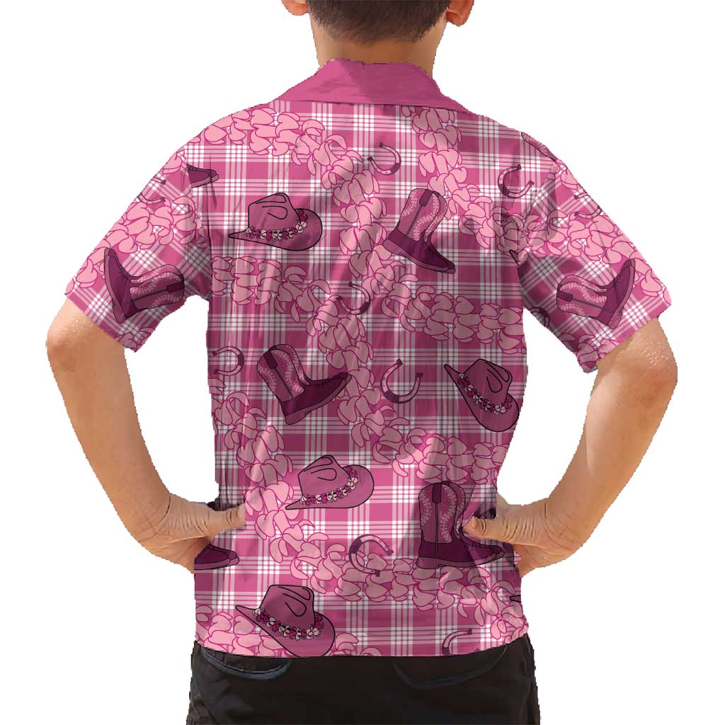 Pink Palaka Hawaii Cowboy Family Matching Off Shoulder Short Dress and Hawaiian Shirt Puakenikeni Lei Paniolo Papale Seamless Vibes LT14 - Polynesian Pride