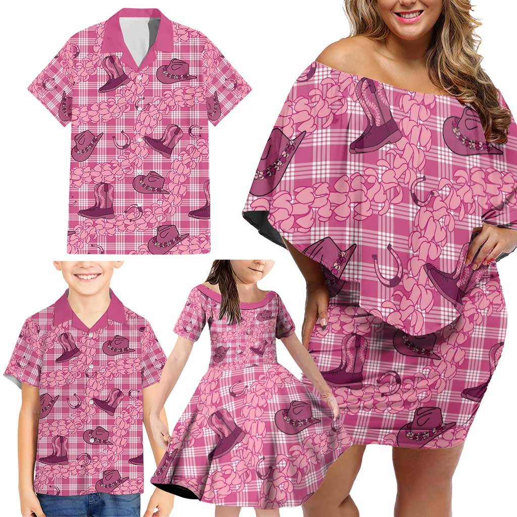 Pink Palaka Hawaii Cowboy Family Matching Off Shoulder Short Dress and Hawaiian Shirt Puakenikeni Lei Paniolo Papale Seamless Vibes LT14 - Polynesian Pride