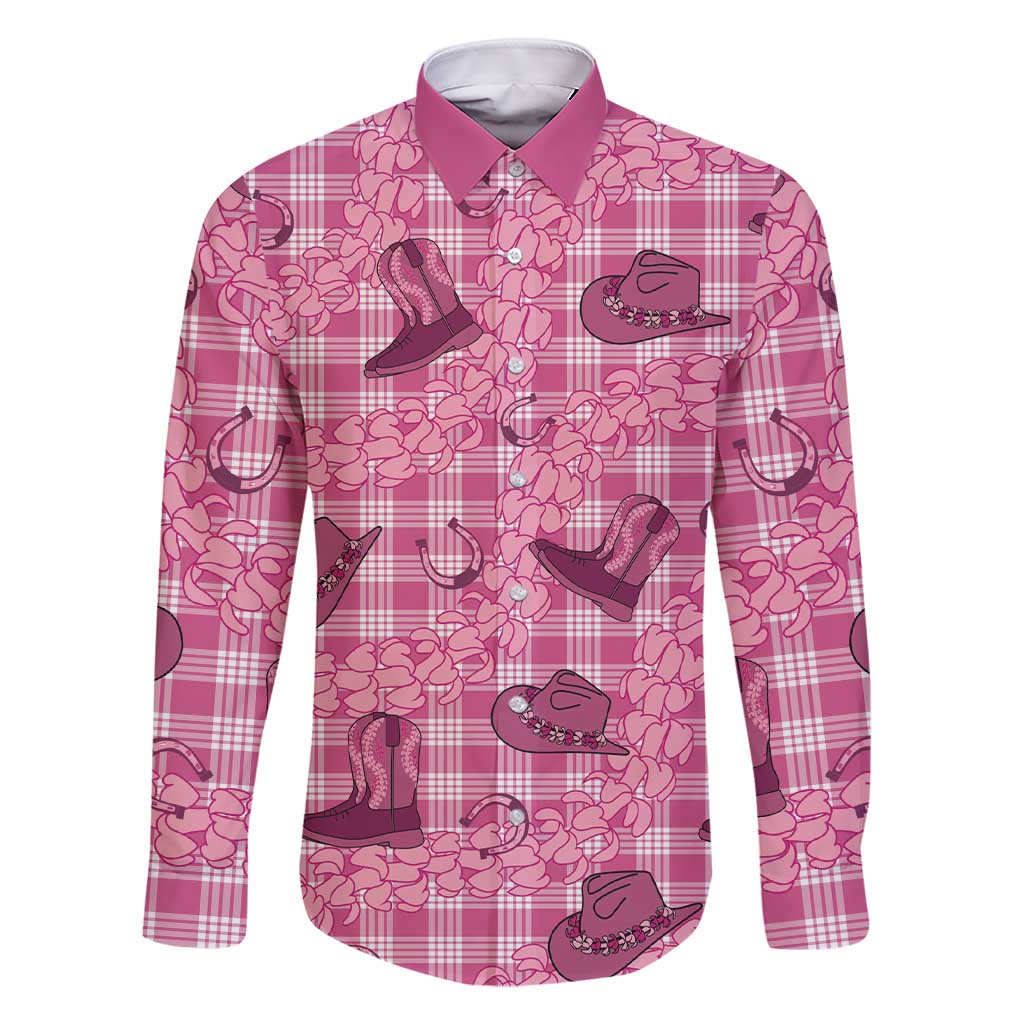 Pink Palaka Hawaii Cowboy Family Matching Short Sleeve Bodycon Dress and Hawaiian Shirt Puakenikeni Lei Paniolo Papale Seamless Vibes LT14 Dad's Shirt - Long Sleeve Pink - Polynesian Pride