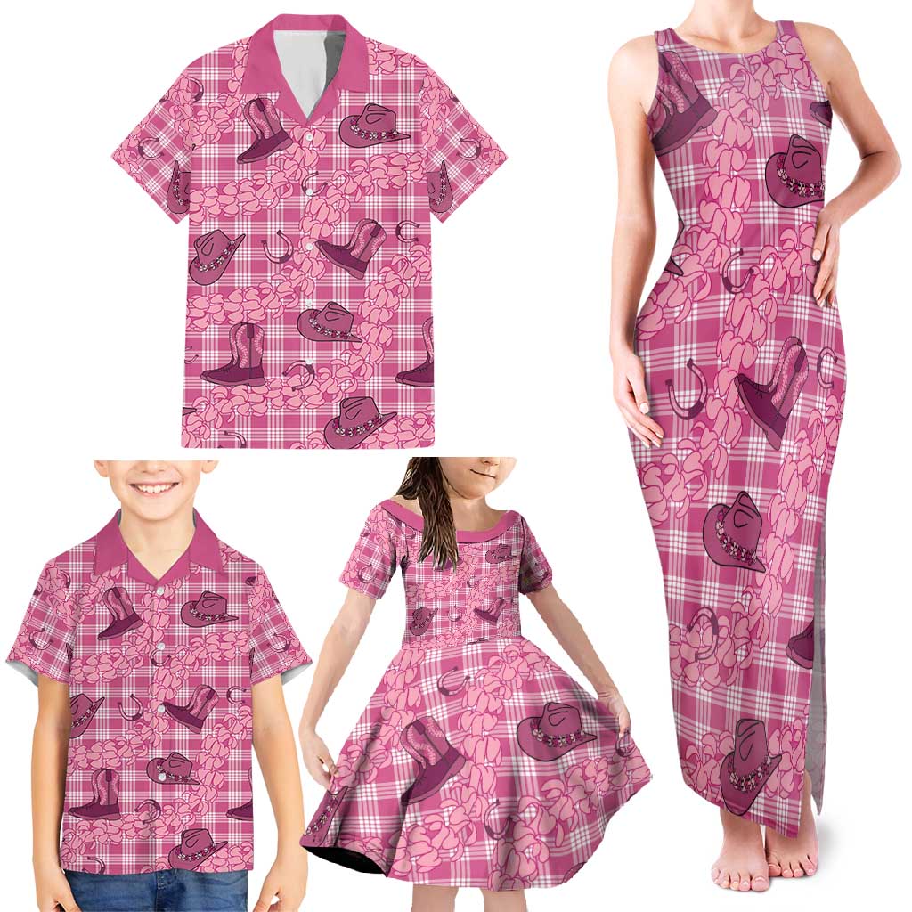 Pink Palaka Hawaii Cowboy Family Matching Tank Maxi Dress and Hawaiian Shirt Puakenikeni Lei Paniolo Papale Seamless Vibes LT14 - Polynesian Pride
