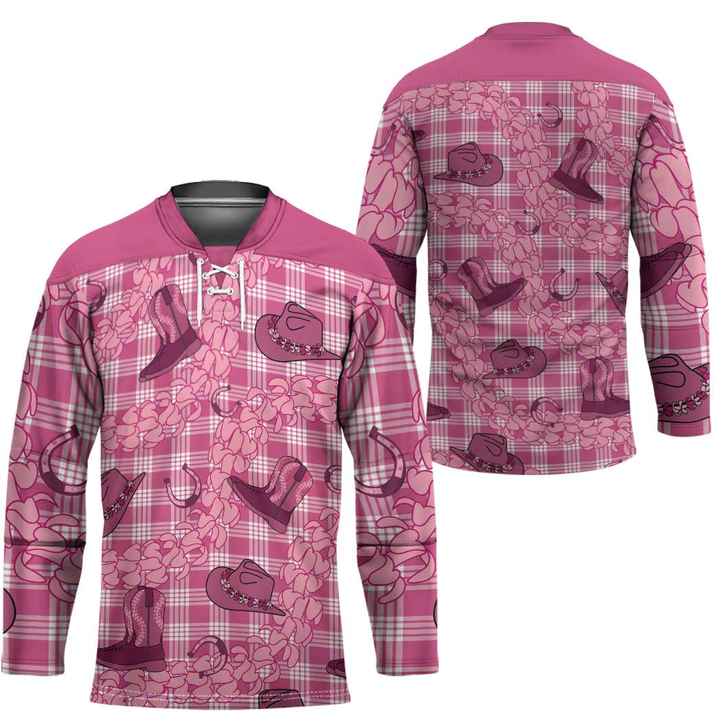 Pink Palaka Hawaii Cowboy Hockey Jersey Puakenikeni Lei Paniolo Papale Seamless Vibes - Polynesian Pride