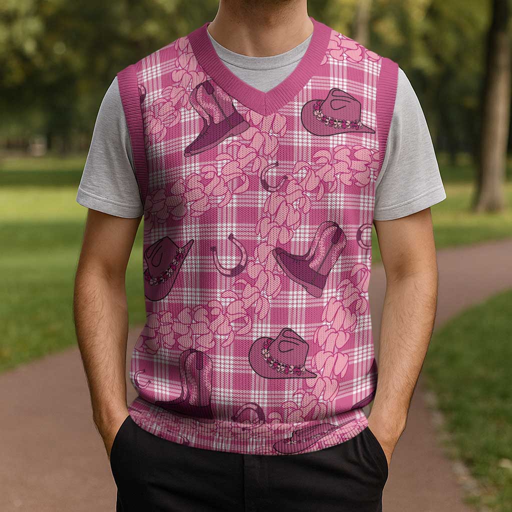 Pink Palaka Hawaii Cowboy Christmas Knitted V-Neck Vest Puakenikeni Lei Paniolo Papale Seamless Vibes LT14 - Polynesian Pride