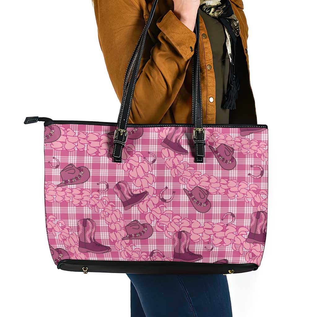 Pink Palaka Hawaii Cowboy Leather Tote Bag Puakenikeni Lei Paniolo Papale Seamless Vibes - Polynesian Pride