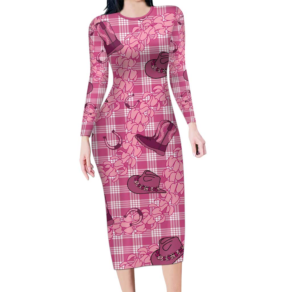 Pink Palaka Hawaii Cowboy Long Sleeve Bodycon Dress Puakenikeni Lei Paniolo Papale Seamless Vibes LT14 Long Dress Pink - Polynesian Pride