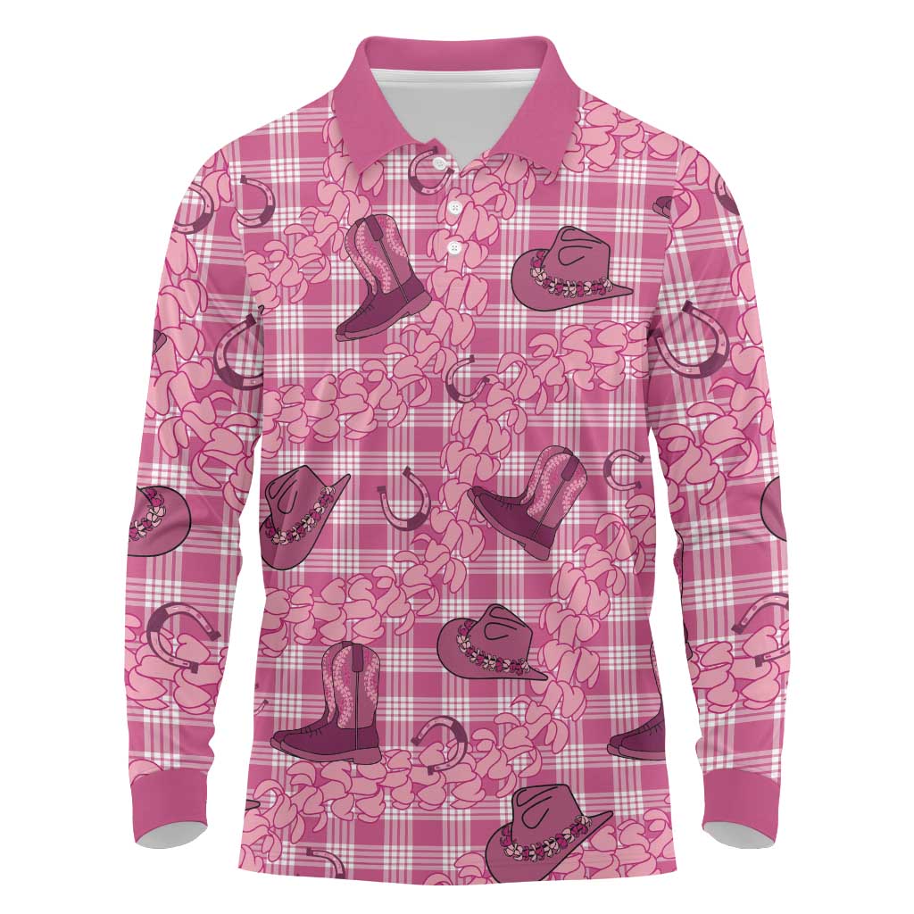 Pink Palaka Hawaii Cowboy Long Sleeve Polo Shirt Puakenikeni Lei Paniolo Papale Seamless Vibes LT14 Pink - Polynesian Pride
