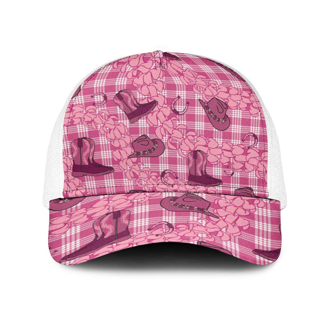 Pink Palaka Hawaii Cowboy Mesh Trucker Cap Puakenikeni Lei Paniolo Papale Seamless Vibes - Polynesian Pride