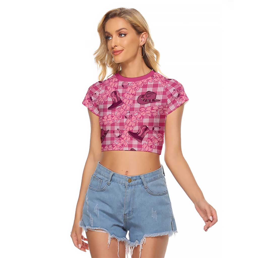 Pink Palaka Hawaii Cowboy Raglan Cropped T Shirt Puakenikeni Lei Paniolo Papale Seamless Vibes - Polynesian Pride