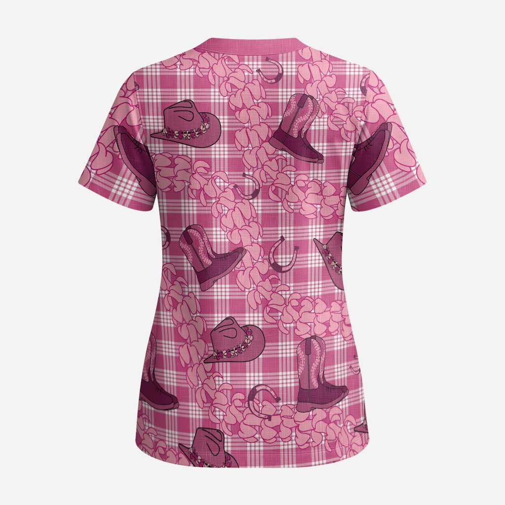 Pink Palaka Hawaii Cowboy Scrub Top Puakenikeni Lei Paniolo Papale Seamless Vibes - Polynesian Pride