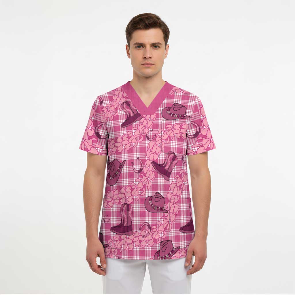 Pink Palaka Hawaii Cowboy Scrub Top Puakenikeni Lei Paniolo Papale Seamless Vibes - Polynesian Pride