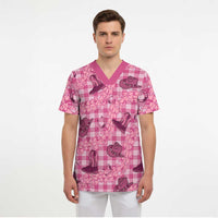 Pink Palaka Hawaii Cowboy Scrub Top Puakenikeni Lei Paniolo Papale Seamless Vibes - Polynesian Pride