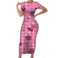 Pink Palaka Hawaii Cowboy Short Sleeve Bodycon Dress Puakenikeni Lei Paniolo Papale Seamless Vibes LT14 Long Dress Pink - Polynesian Pride