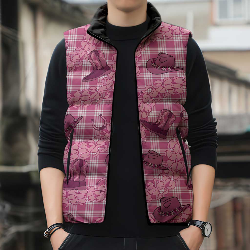 Pink Palaka Hawaii Cowboy Sleeveless Puffer Jacket Puakenikeni Lei Paniolo Papale Seamless Vibes - Polynesian Pride