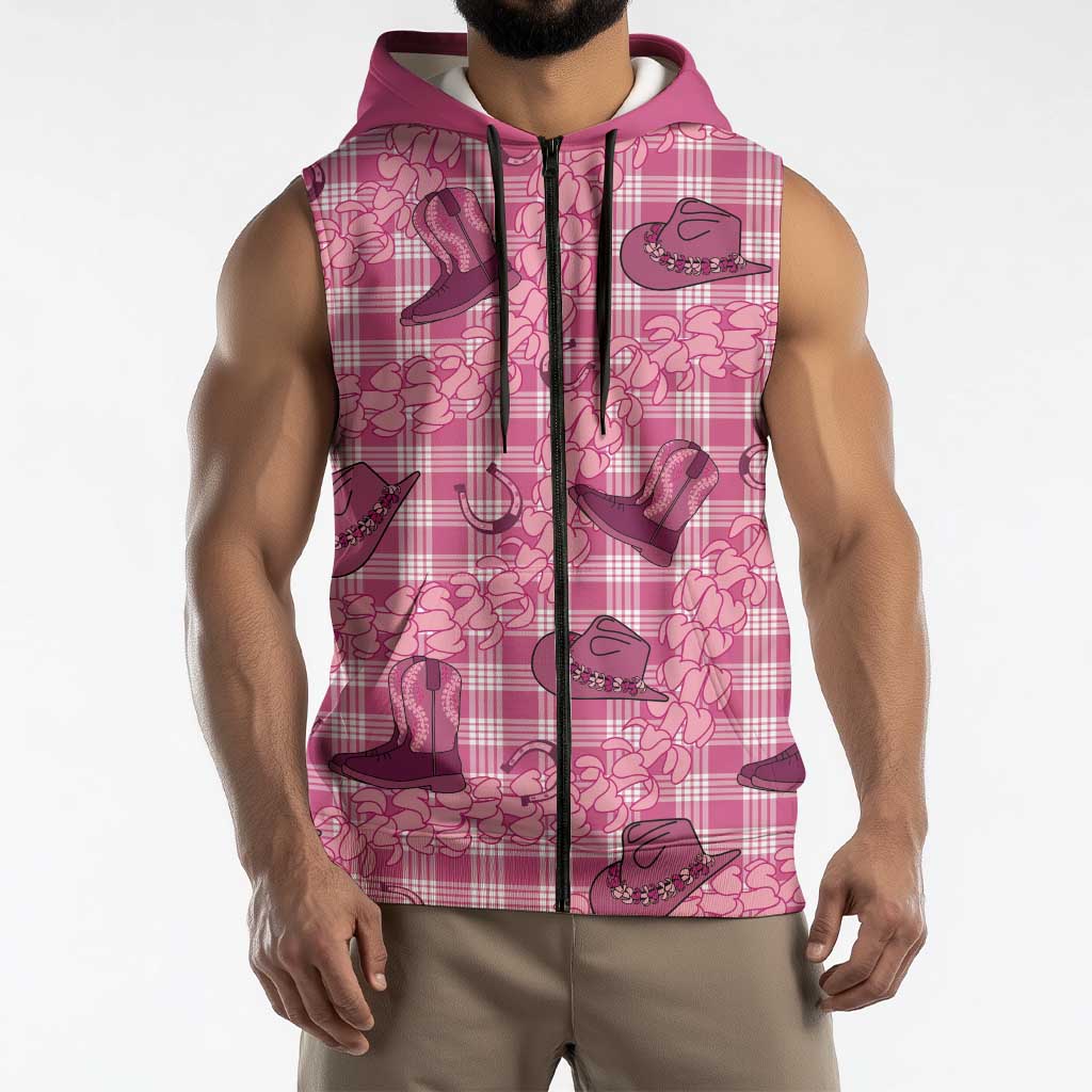Pink Palaka Hawaii Cowboy Sleeveless Zip Hoodie Puakenikeni Lei Paniolo Papale Seamless Vibes LT14 - Polynesian Pride