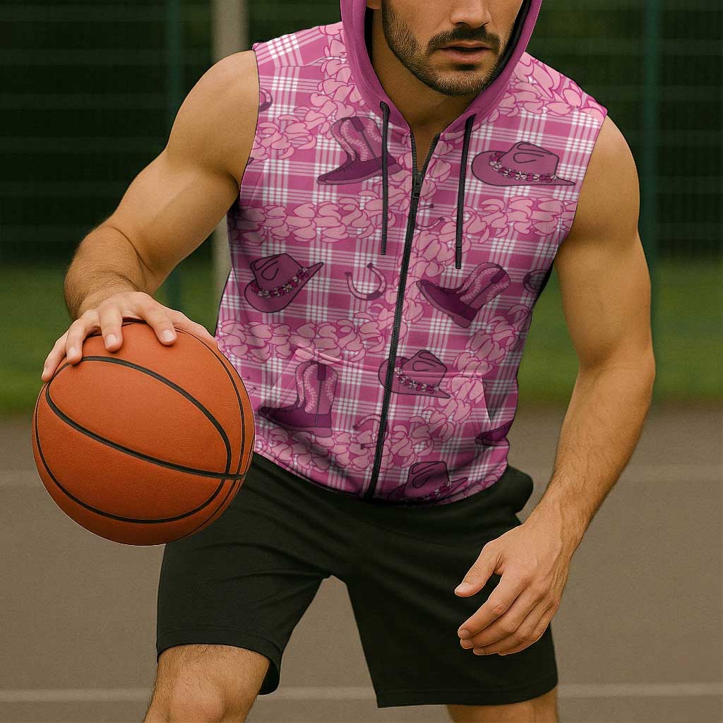 Pink Palaka Hawaii Cowboy Sleeveless Zip Hoodie Puakenikeni Lei Paniolo Papale Seamless Vibes LT14 - Polynesian Pride