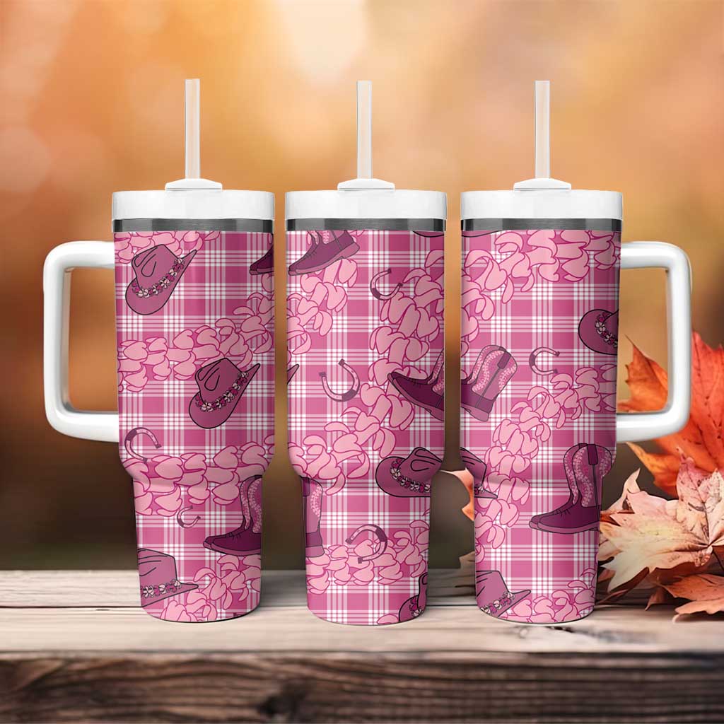 Pink Palaka Hawaii Cowboy Tumbler With Handle Puakenikeni Lei Paniolo Papale Seamless Vibes - Polynesian Pride