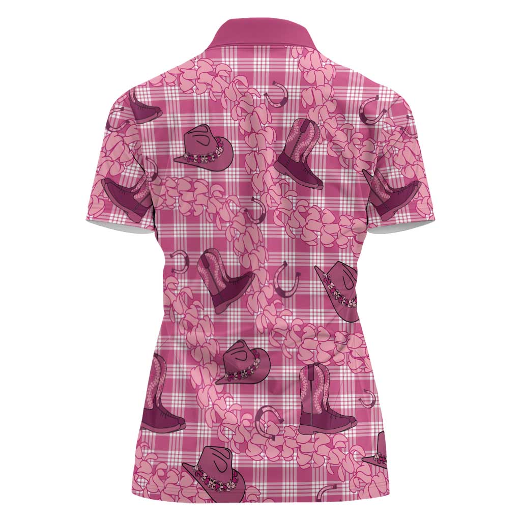 Pink Palaka Hawaii Cowboy Women Polo Shirt Puakenikeni Lei Paniolo Papale Seamless Vibes LT14 - Polynesian Pride