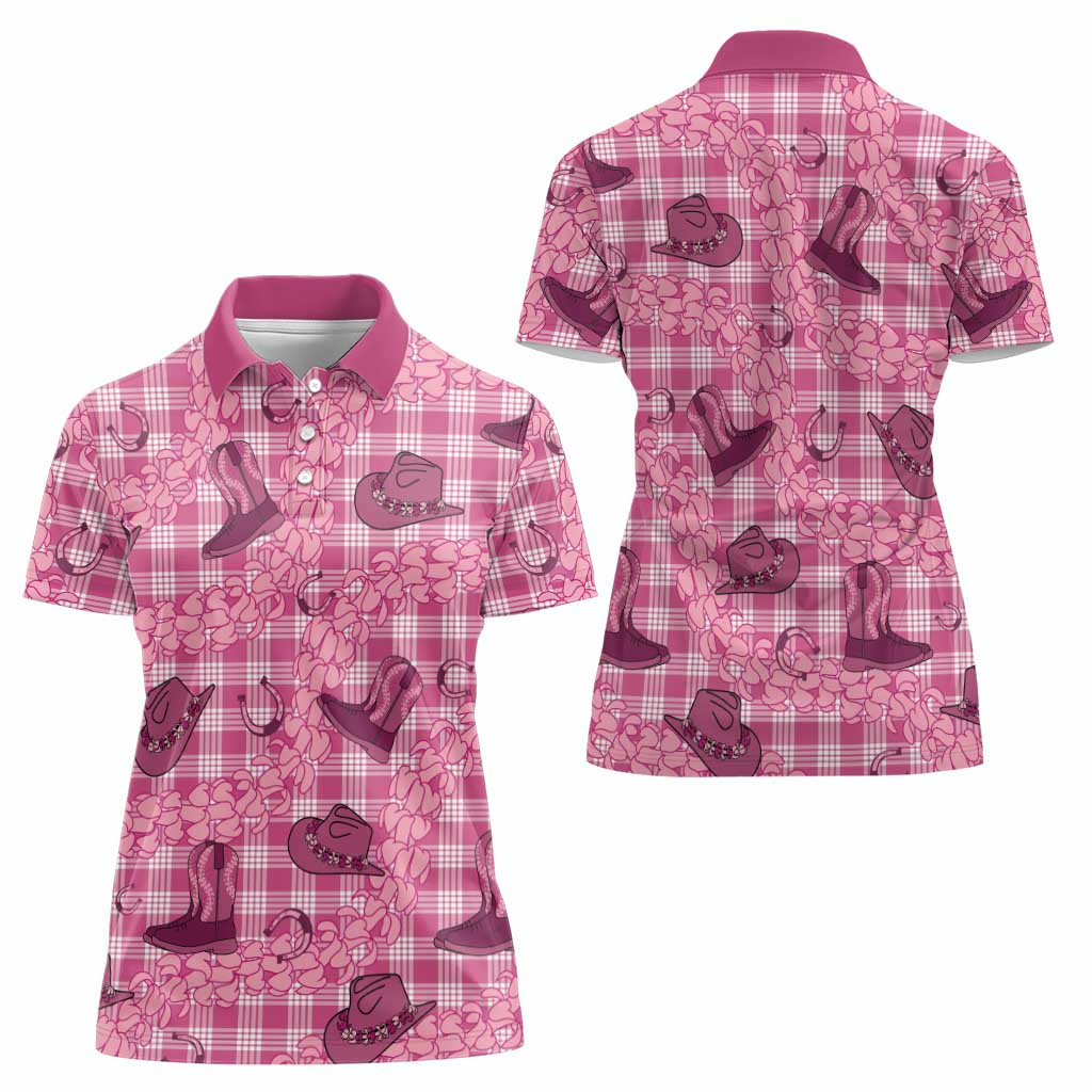 Pink Palaka Hawaii Cowboy Women Polo Shirt Puakenikeni Lei Paniolo Papale Seamless Vibes LT14 - Polynesian Pride